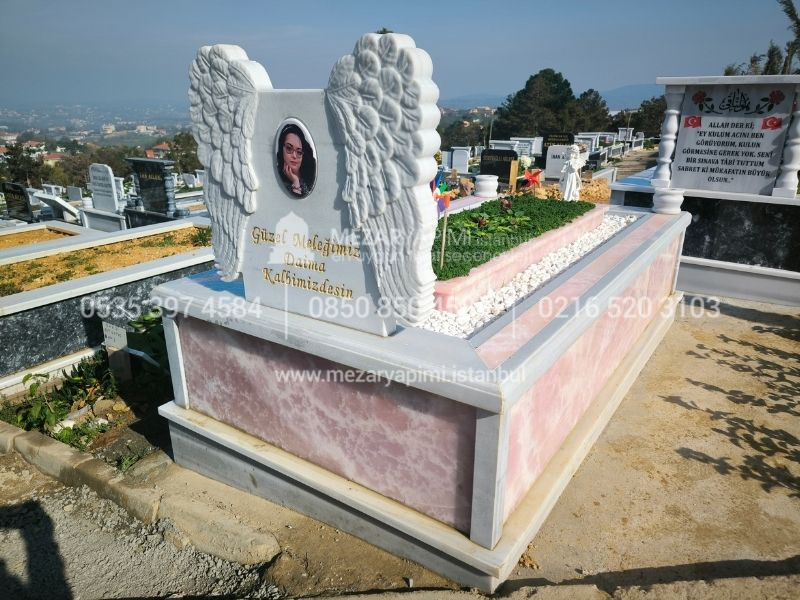 Pembe Onyx Mermer Melek Kanatli Mezar Tasi Modeli